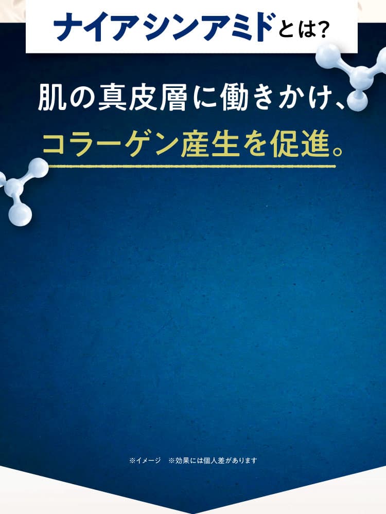 ナイアシンアミドとは？ 肌の真皮層に働きかけ、コラーゲン産生を促進。 ※イメージ ※効果には個人差があります