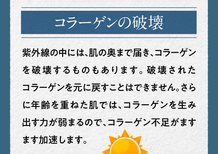 コラーゲンの破壊 紫外線の中には、肌の奥まで届き、コラーゲンを破壊するものもあります。破壊されたコラーゲンを元に戻すことはできません。さらに年齢を重ねた肌では、コラーゲンを生み出す力が弱まるので、コラーゲン不足がますます加速します。