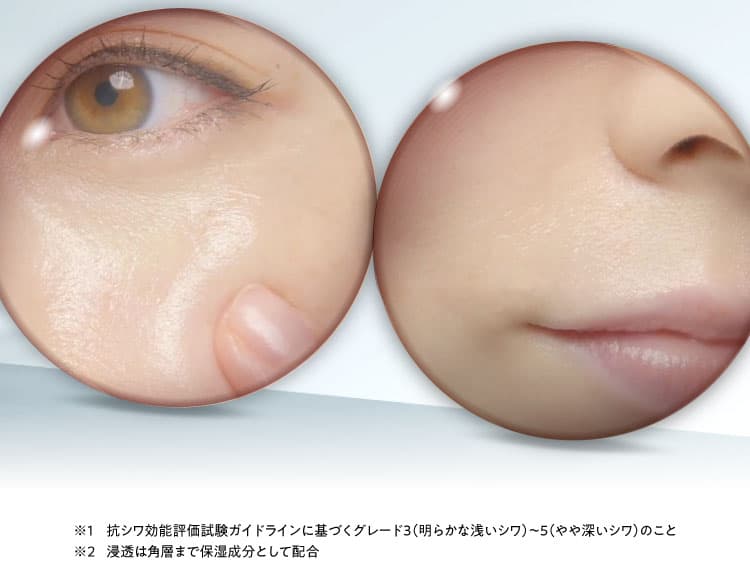 ※1 抗シワ効能評価試験ガイドラインに基づくグレード３（明らかな浅いシワ）～５（やや深いシワ）のこと ※2 浸透は角層まで保湿成分として配合
