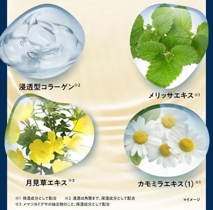 ・メリッサエキス※1 ・浸透型コラーゲン※2 ・月見草エキス※3 ・カモミラエキス（1）※1 ※1 保湿成分として配合 ※2 浸透は角層まで、保湿成分として配合 ※3 メマツヨイグサの抽出物のこと、保湿成分として配合