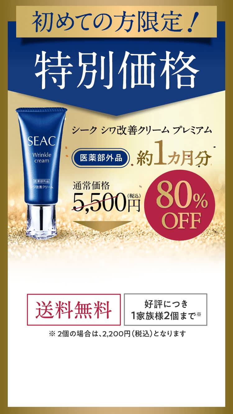 初めての方限定！特別価格 シーク シワ改善クリームプレミアム 【医薬部外品】約1カ月分 通常価格5,500円（税込）80%OFF 1,100円（税込）送料無料 好評につき１家族様2個まで※ ※ 2個の場合は、2,200円（税込）となります